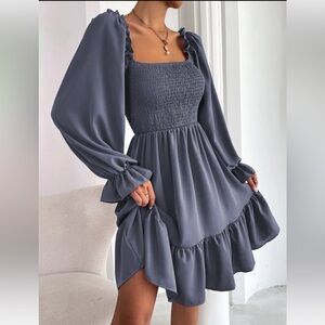 Purple Square Neck Puff Sleeve Ruffle Hem Dress